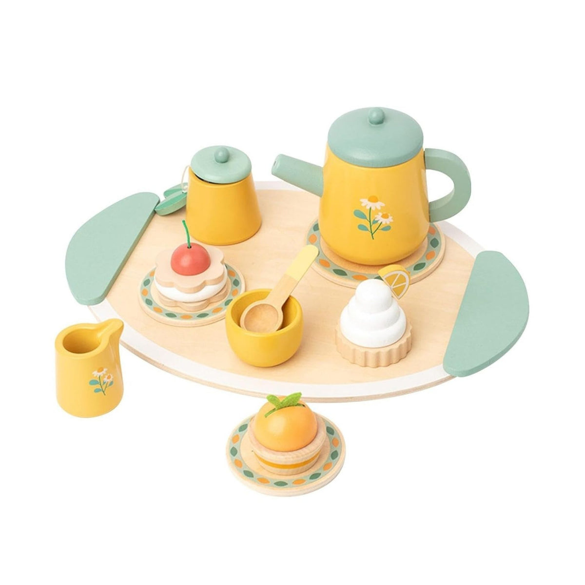 Set de Ceai Royal Tea Daisy, Jucarie Educativa Montessori din Lemn cu Prajituri si Accesorii, Joc de Rol Interactiv pentru Copii, Multicolor, 12 Piese, 3 Ani+