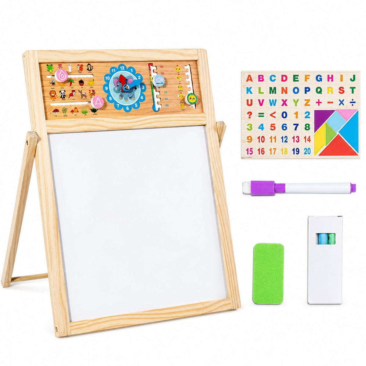 Tabla Educativa de Desen Magnetica cu Doua Fete, Reglabila pe Inaltime, Cadru din Lemn, Include Litere, Cifre, Ceas si Accesorii, 52x36 cm