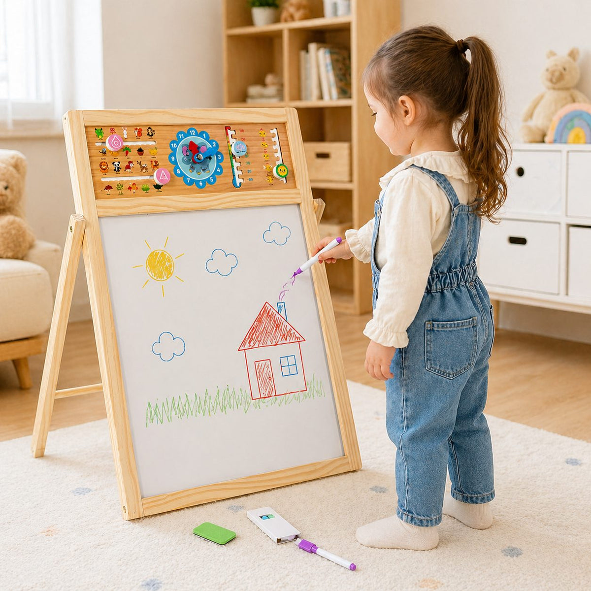 Tabla Educativa de Desen Magnetica cu Doua Fete, Reglabila pe Inaltime, Cadru din Lemn, Include Litere, Cifre, Ceas si Accesorii, 52x36 cm