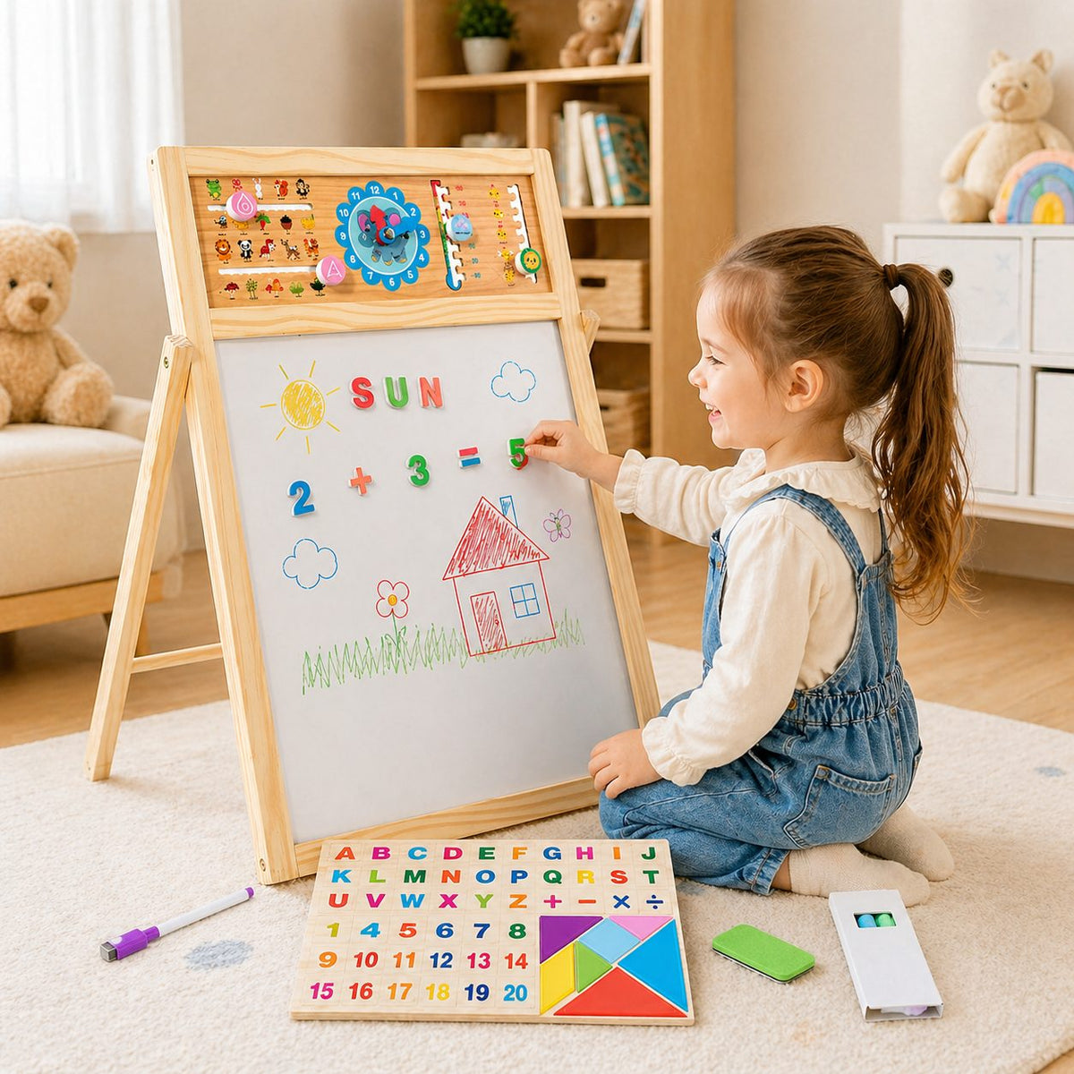 Tabla Educativa de Desen Magnetica cu Doua Fete, Reglabila pe Inaltime, Cadru din Lemn, Include Litere, Cifre, Ceas si Accesorii, 52x36 cm