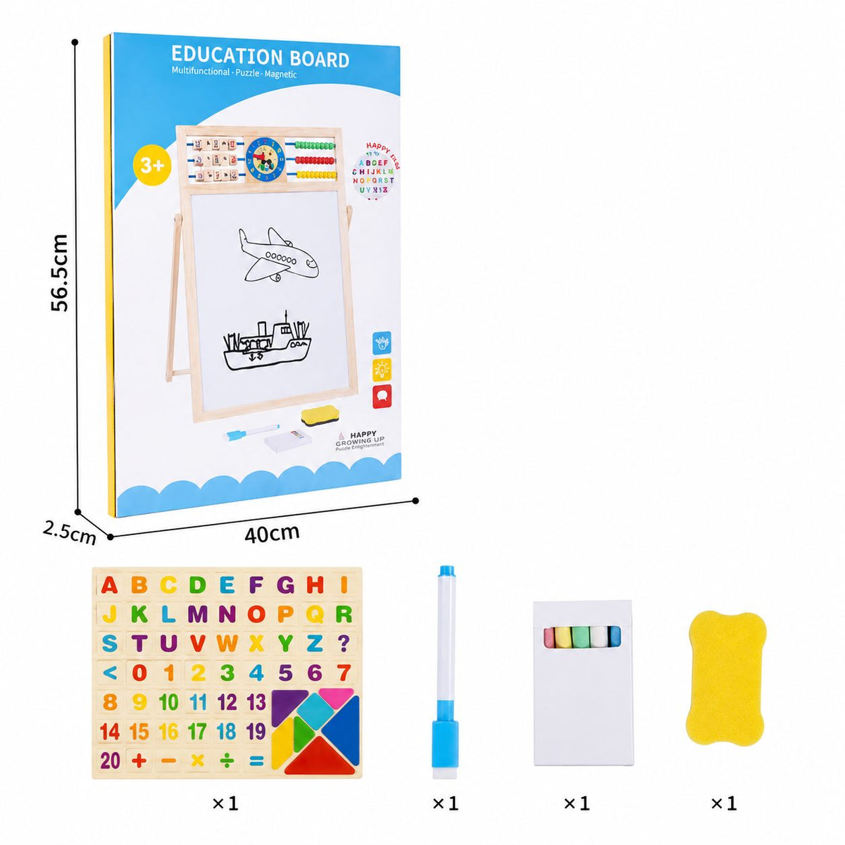 Tabla Educativa de Desen Magnetica cu Doua Fete, Reglabila pe Inaltime, Cadru din Lemn, Include Abac si Litere, 52x36 cm