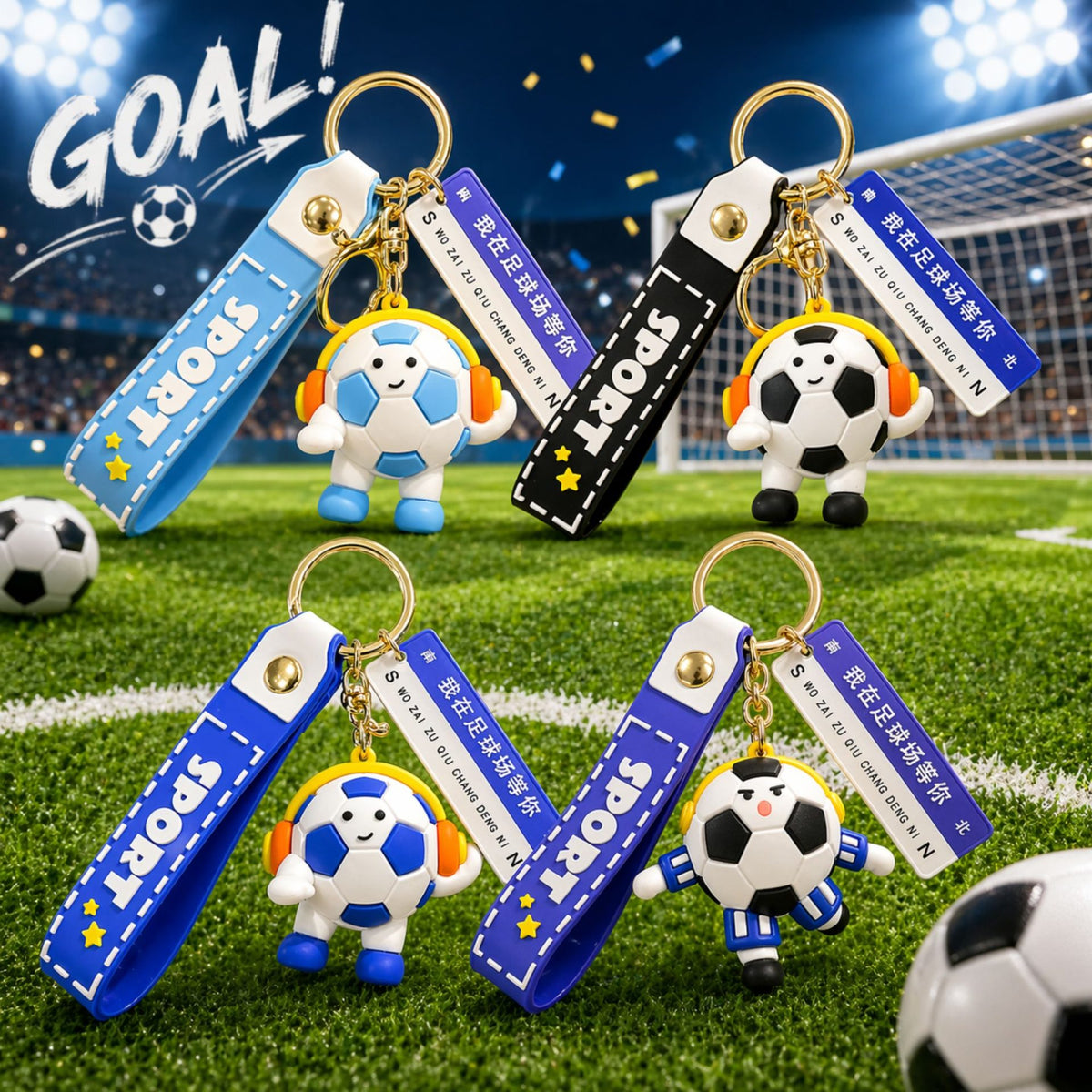 Breloc Chei, Model Minge de Fotbal cu Casti si Mesaj Te Astept pe Teren, Accesoriu Ghiozdan sau Rucsac, Acril, 50 g, Albastru Deschis