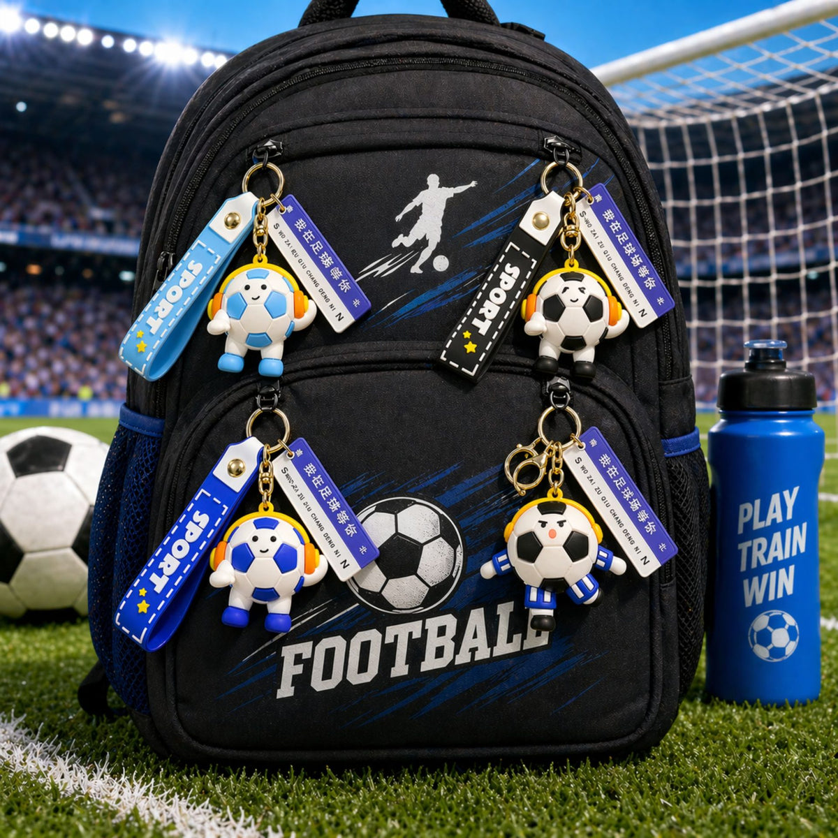Breloc Chei, Model Minge de Fotbal cu Casti si Mesaj Te Astept pe Teren, Accesoriu Ghiozdan sau Rucsac, Acril, 50 g, Albastru Deschis