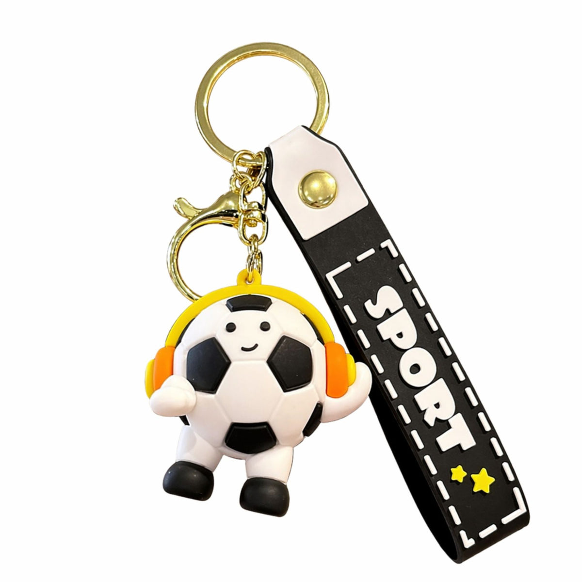 Breloc Chei Minge de Fotbal cu Casti, Accesoriu Decorativ Ghiozdan si Rucsac, Model Cupa Mondiala, Acril, 50 g, Negru