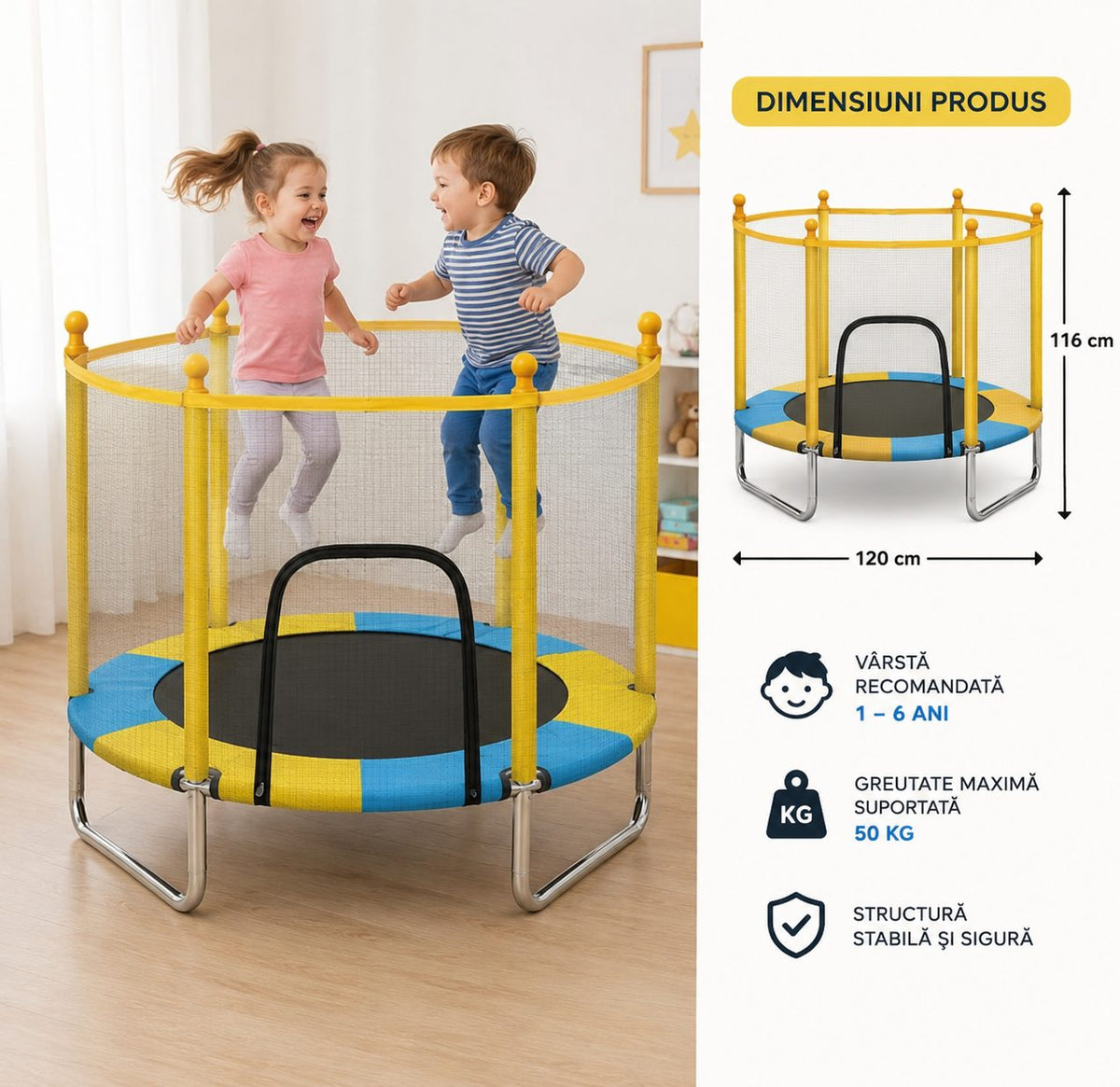 Trambulina De Grădină Pentru Copii, Dezvoltare Psihomotorie, Nylon, 120 cm, Galben