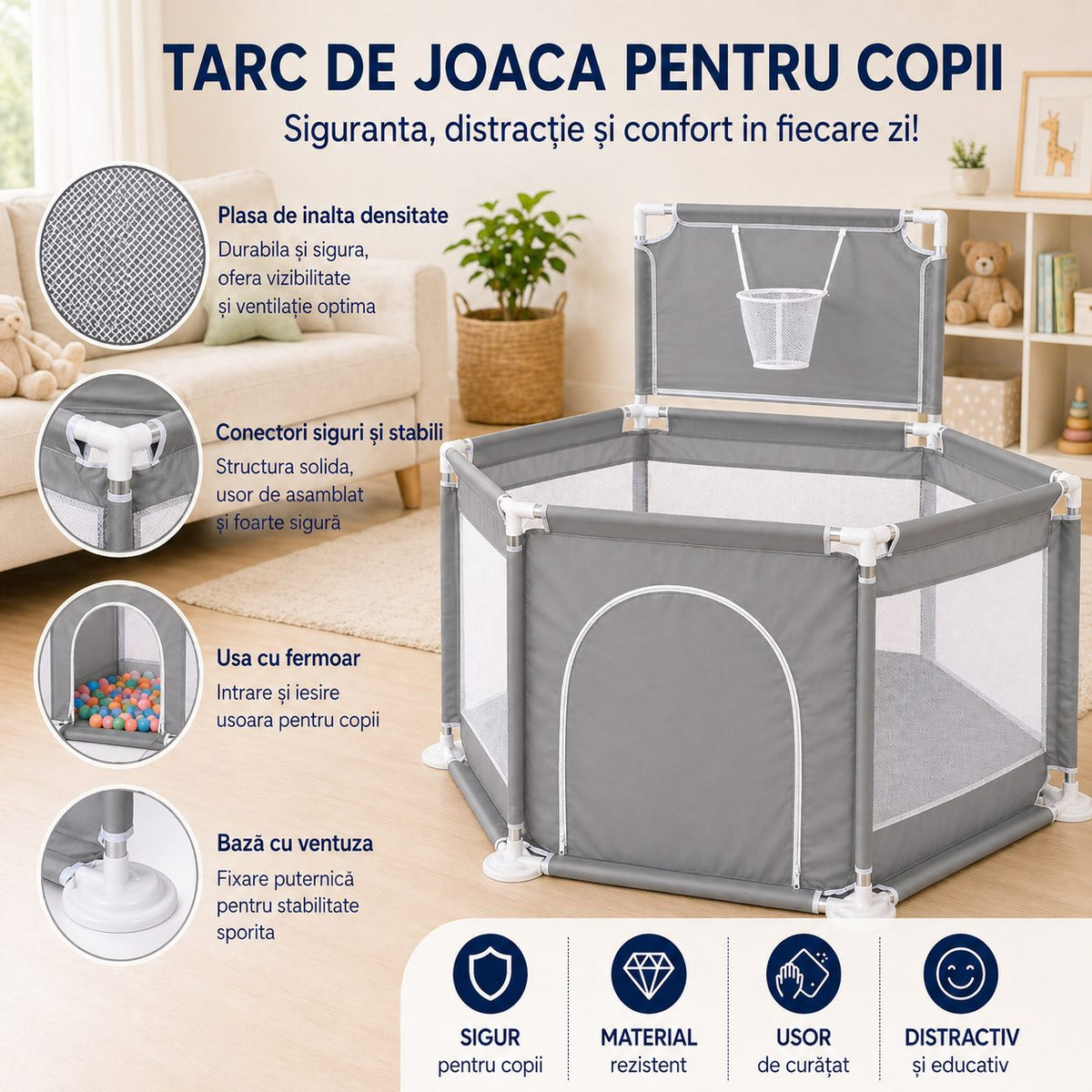 Tarc De Joaca Pentru Copii, Cos De Baschet Integrat, Textil Premium, 130x115x65 cm, Gri