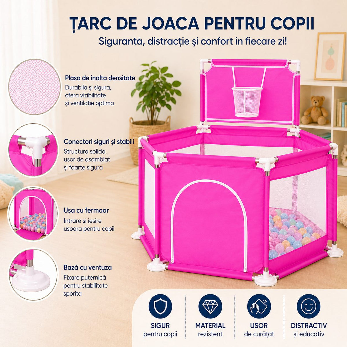 Tarc De Joaca Pentru Copii, Cu Cos De Baschet, Usa Cu Fermoar Si Plasa Laterala, Material Textil, 130x115x65 Cm, Roz Inchis