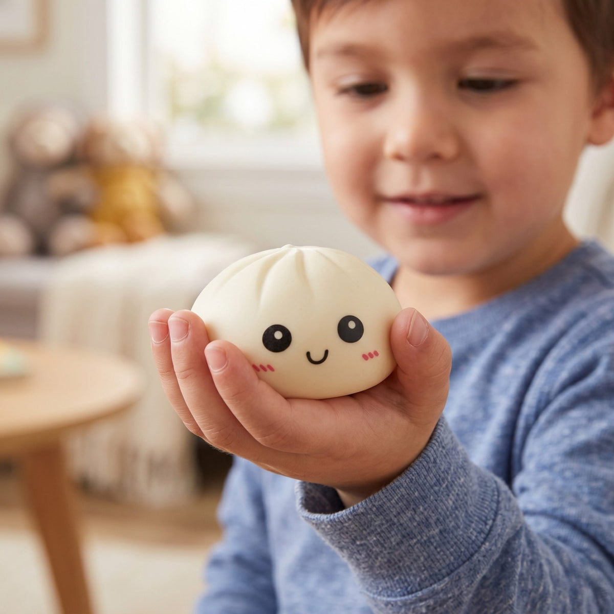 Jucarie Antistres Squishy Dumpling, Model Bao Bun cu Revenire Lenta, TPR Premium, 8.5 cm, Alb/Crem