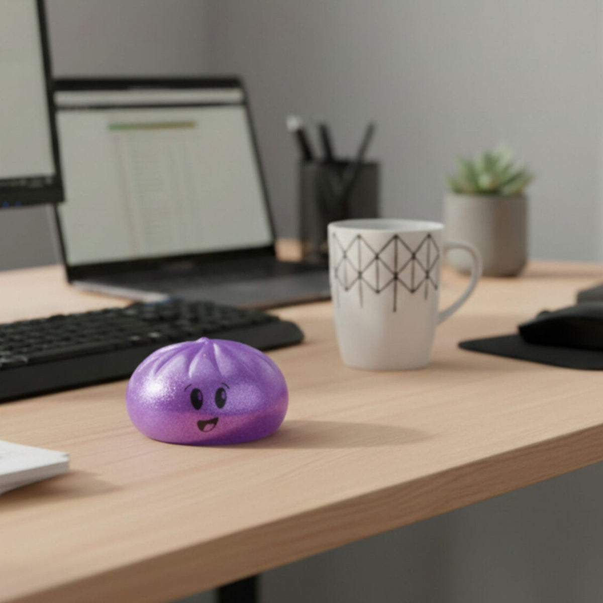 Jucarie Antistres Squishy Gigant, Model Emoji Dumpling cu Sclipici, Jucarie Senzoriala cu Revenire Lenta, Material Elastic Moale, 10 x 10 cm, Mov Violet