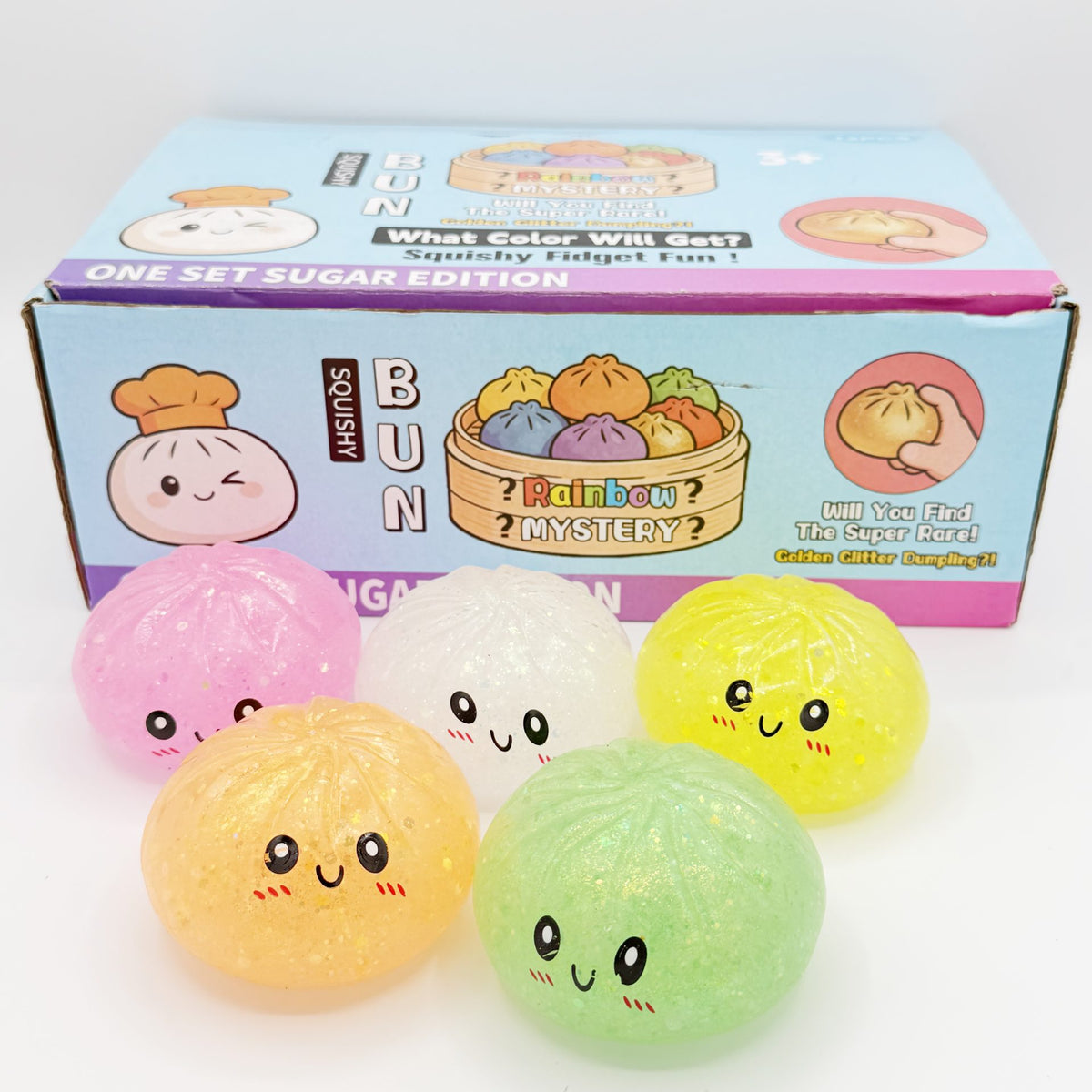 Jucarie Squishy Antistres Jumbo, Model Fata Zambitoare Sclipici, Termoplastic, 8.5 x 8.5 cm, Culoare Mix Surpriza
