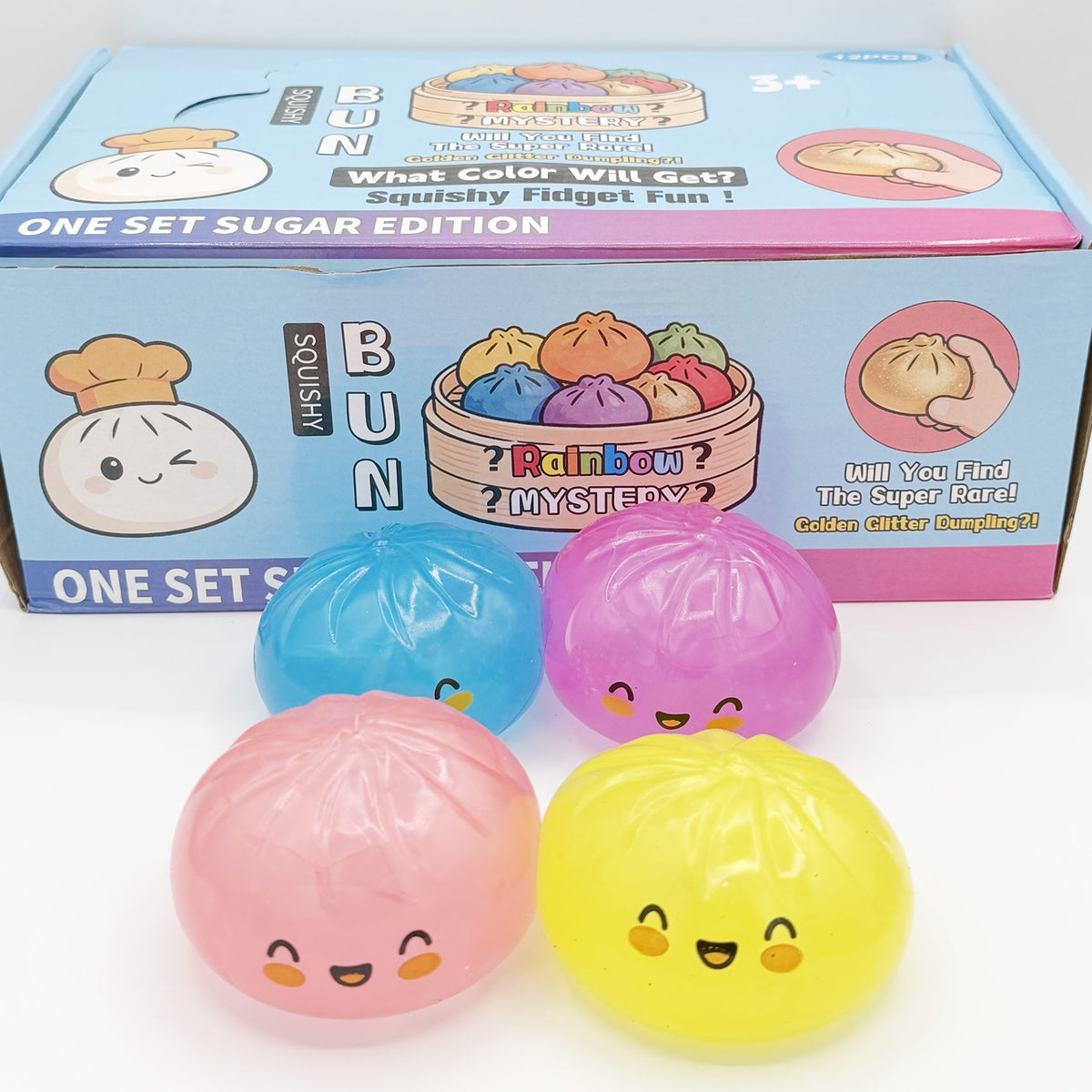 Jucarie Squishy Antistres, Model Dumpling Cu Fata Zambitoare Fosforescenta, Termoplastic, 8.5 x 8.5 cm, Culoare Mix Surpriza