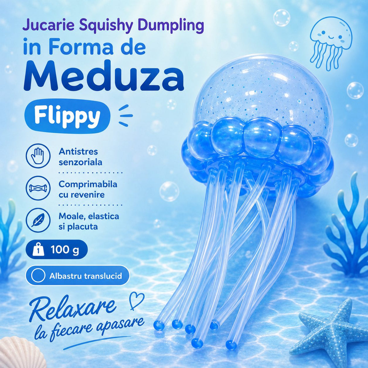 Jucarie Squishy Meduza, Antistres Senzoriala Slow Rising, Silicon Gelatinos, 100 g, Albastru