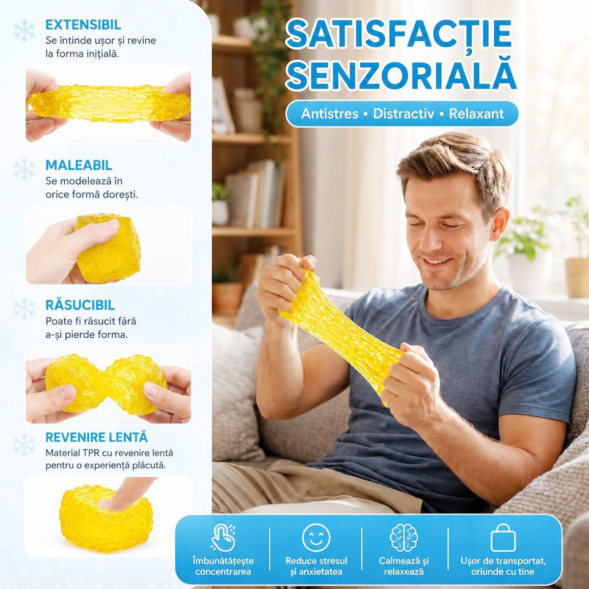 Jucarie Squishy Needoh Cub Fidget 3D, Antistres Senzorial Comprimabil, Termoplastic, 5x5x5 cm, Galben