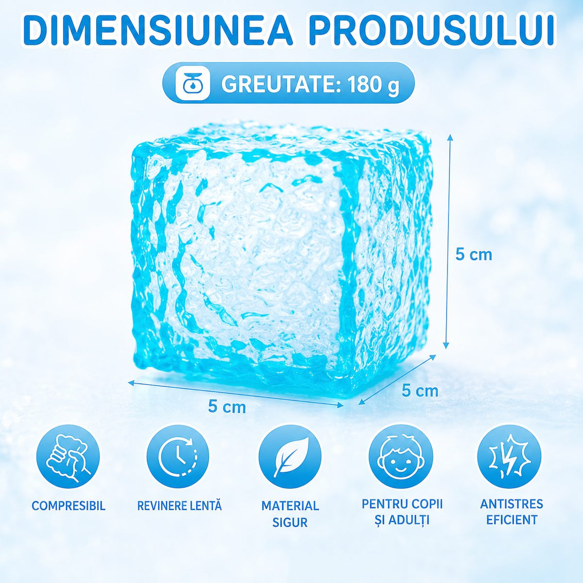 Jucarie Squishy Antistres Tip Needoh, Cub Fidget Senzorial Comprimabil cu Revenire, Gel Termoplastic, 5x5x5 cm, Albastru