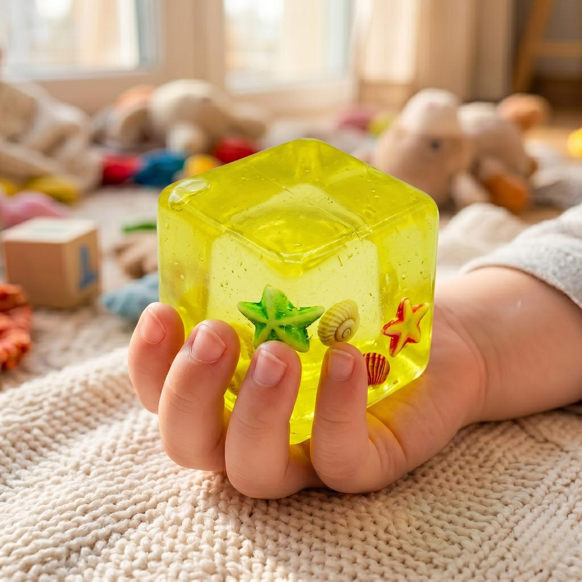 Jucarie Squishy Antistres, Cub Fidget 3D Ocean cu Scoici, Silicon Inalta Densitate, 5 cm, Galben