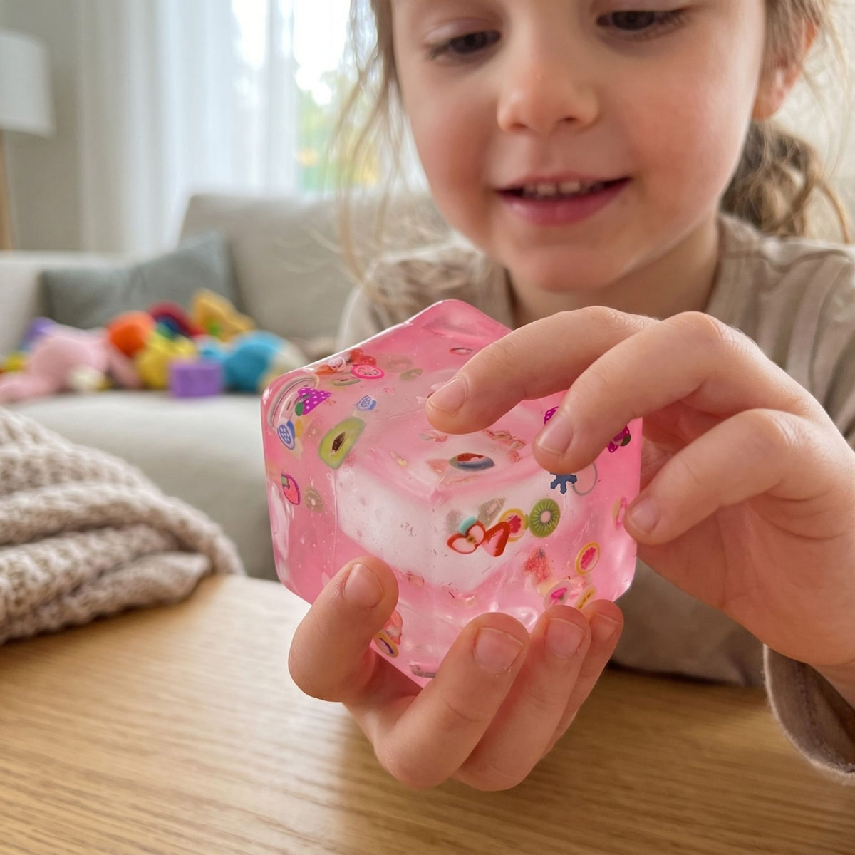 Jucarie Squishy Antistres Cub Fidget 3D, Model Fructe de Vara Super Solid, Silicon Dens, 5 cm, Roz