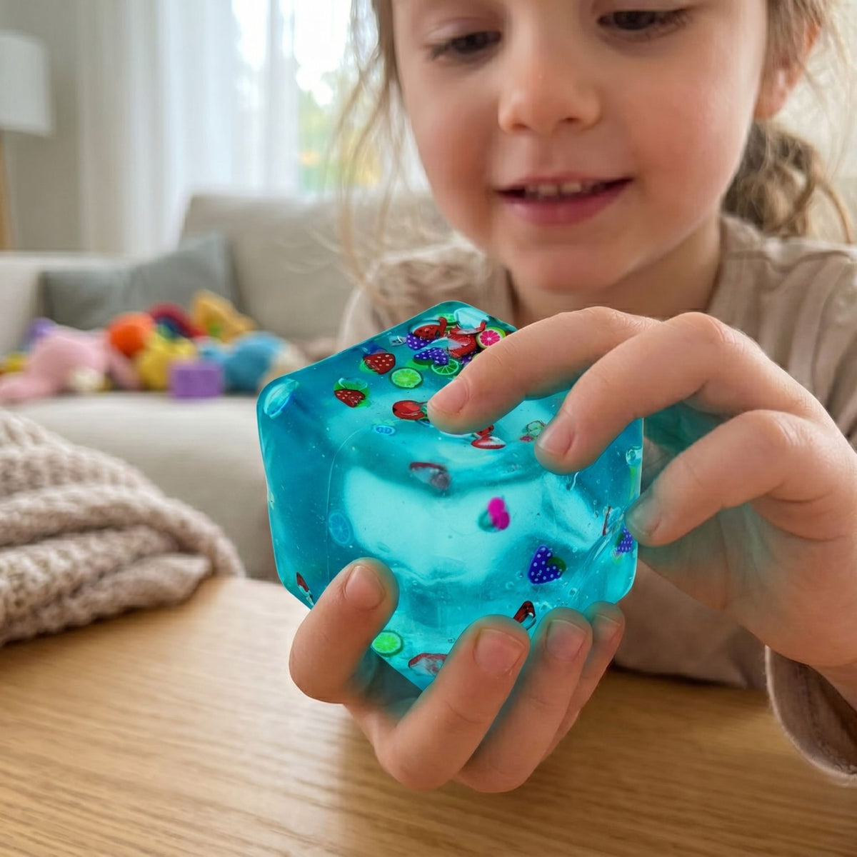 Jucarie Squishy Cub Fidget 3D, Antistres Senzorial Super Solid, Silicon Dens, Model Fructe de Vara, Albastru, 5 cm