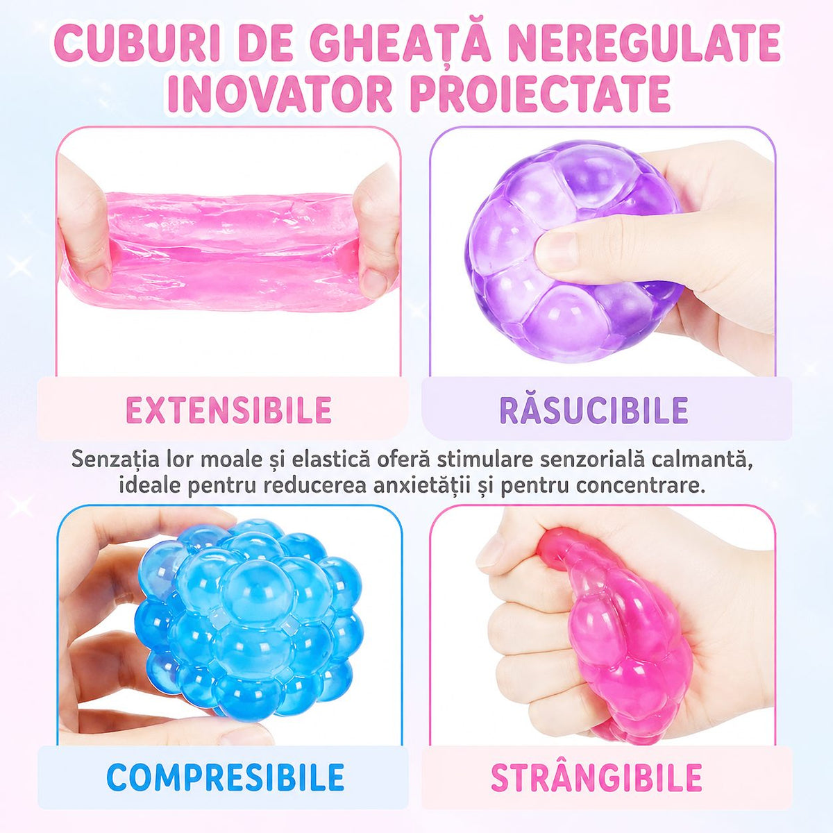 Jucarie Antistres Magic Bubble Cube 3D, Squishy Senzorial Comprimabil, Termoplastic, 5x5x5 cm, Roz