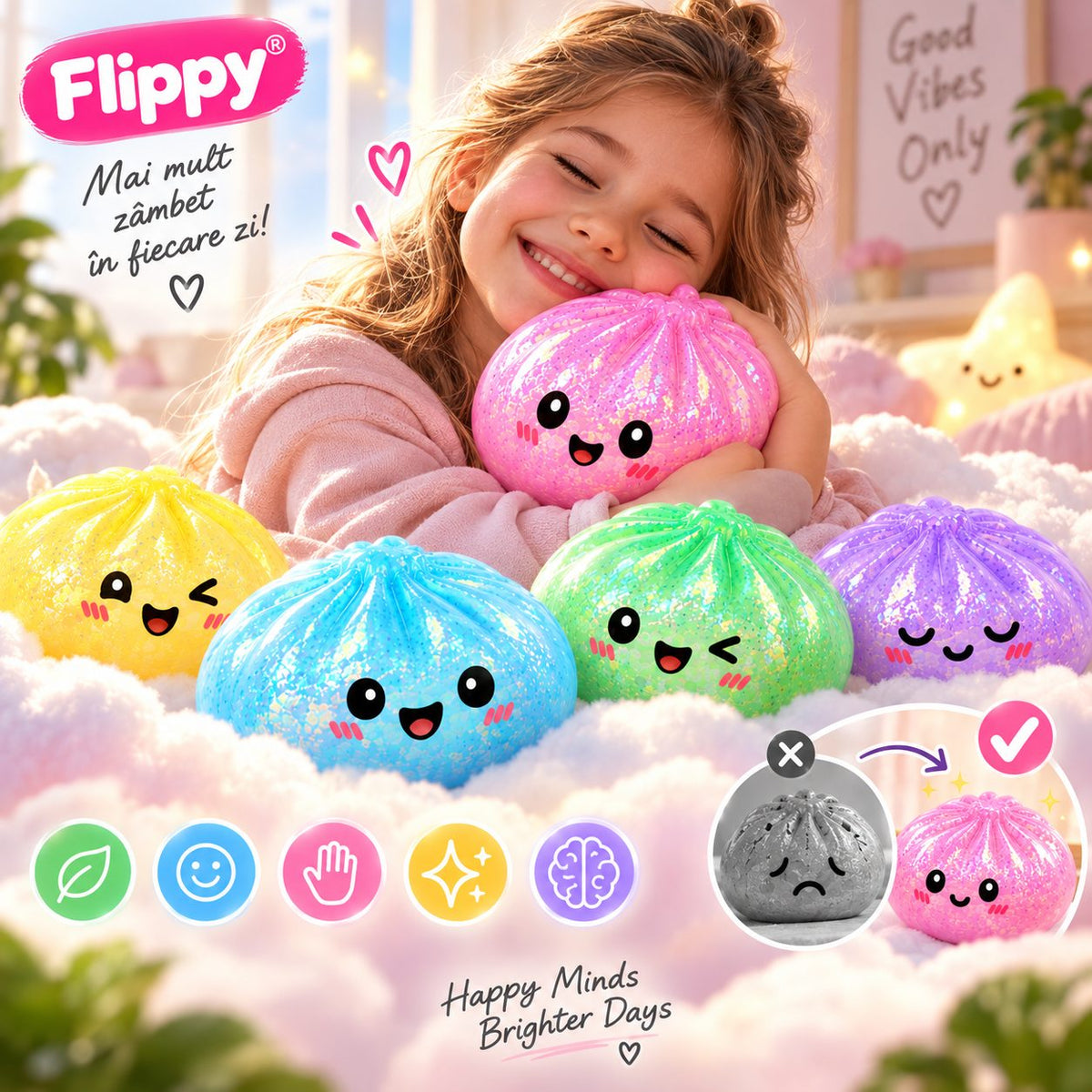Jucarie Squishy Antistres Dumpling, Revenire Lenta cu Sclipici Irizat, Silicon Moale, 16x16 cm, Culoare Surpriza Mystery Box