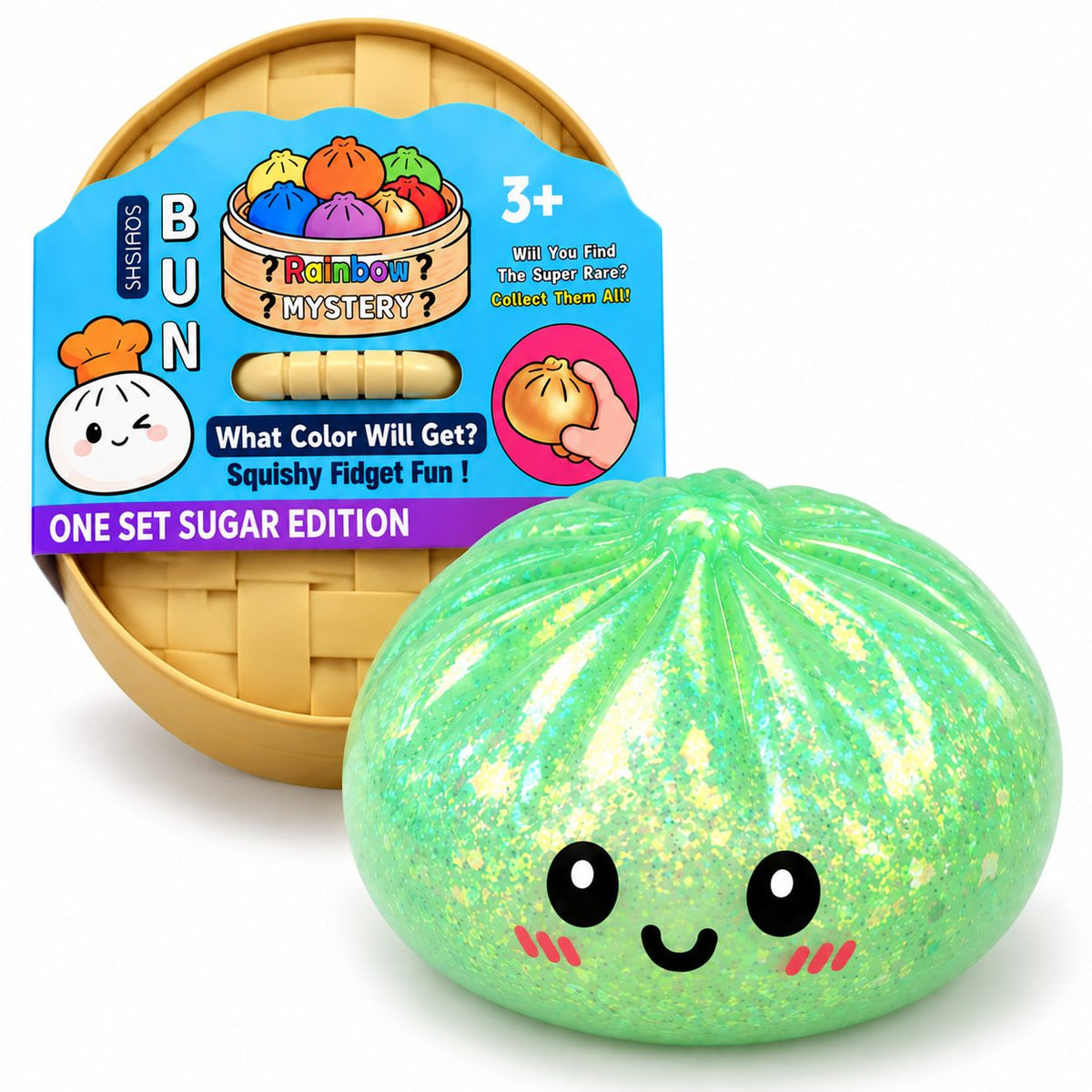Jucarie Squishy Antistres Dumpling, Revenire Lenta cu Sclipici Irizat, Silicon Moale, 16x16 cm, Culoare Surpriza Mystery Box