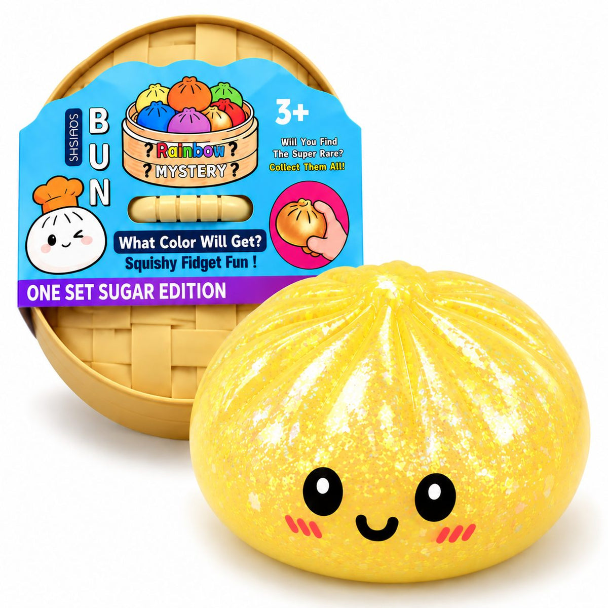 Jucarie Squishy Antistres Dumpling, Revenire Lenta cu Sclipici Irizat, Silicon Moale, 16x16 cm, Culoare Surpriza Mystery Box