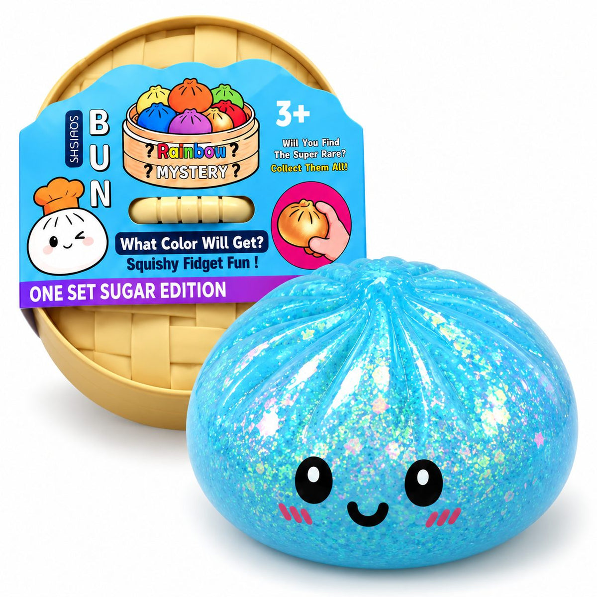 Jucarie Squishy Antistres Dumpling, Revenire Lenta cu Sclipici Irizat, Silicon Moale, 16x16 cm, Culoare Surpriza Mystery Box