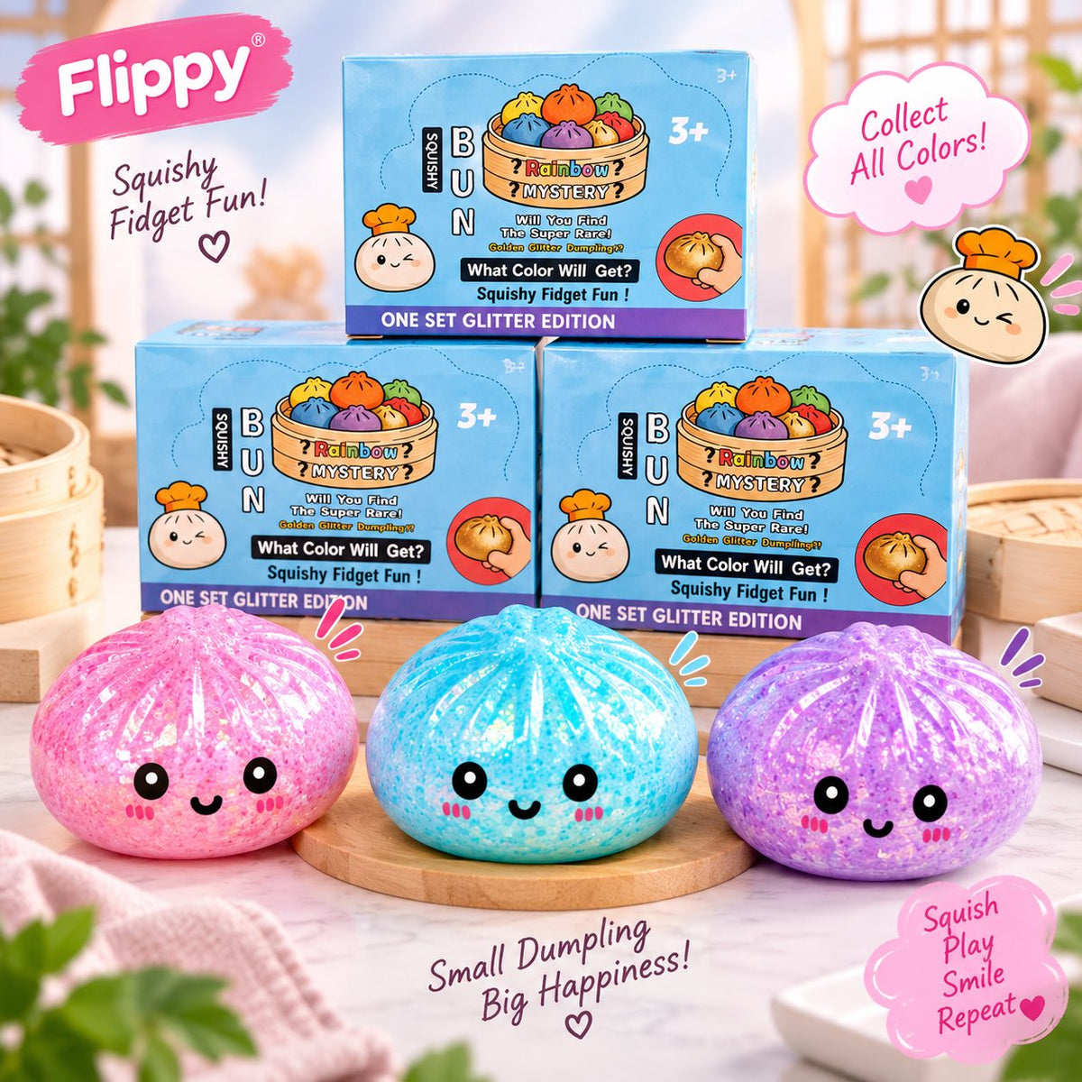 Mishos Jucarie Squishy Antistres Dumpling, Revenire Lenta cu Sclipici, Silicon, 16x16 cm, Culori Diverse