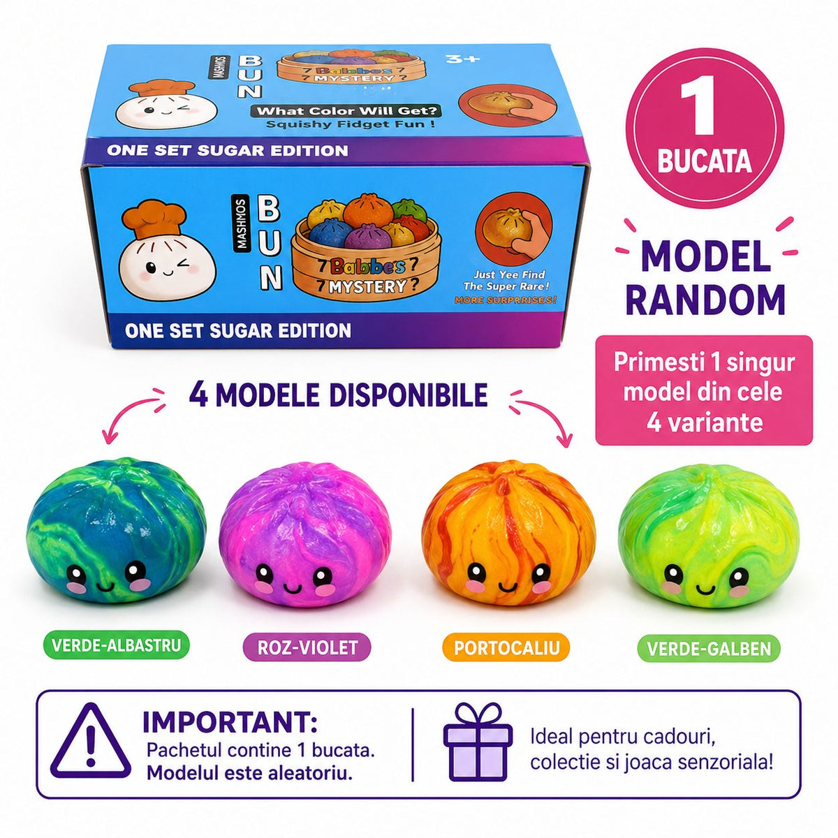 Mishos Bun Bun Jucarie Squishy Antistres, Design Briosa Kawaii, Spuma PU, Set 16 Bucati, Culori Mix Surpriza
