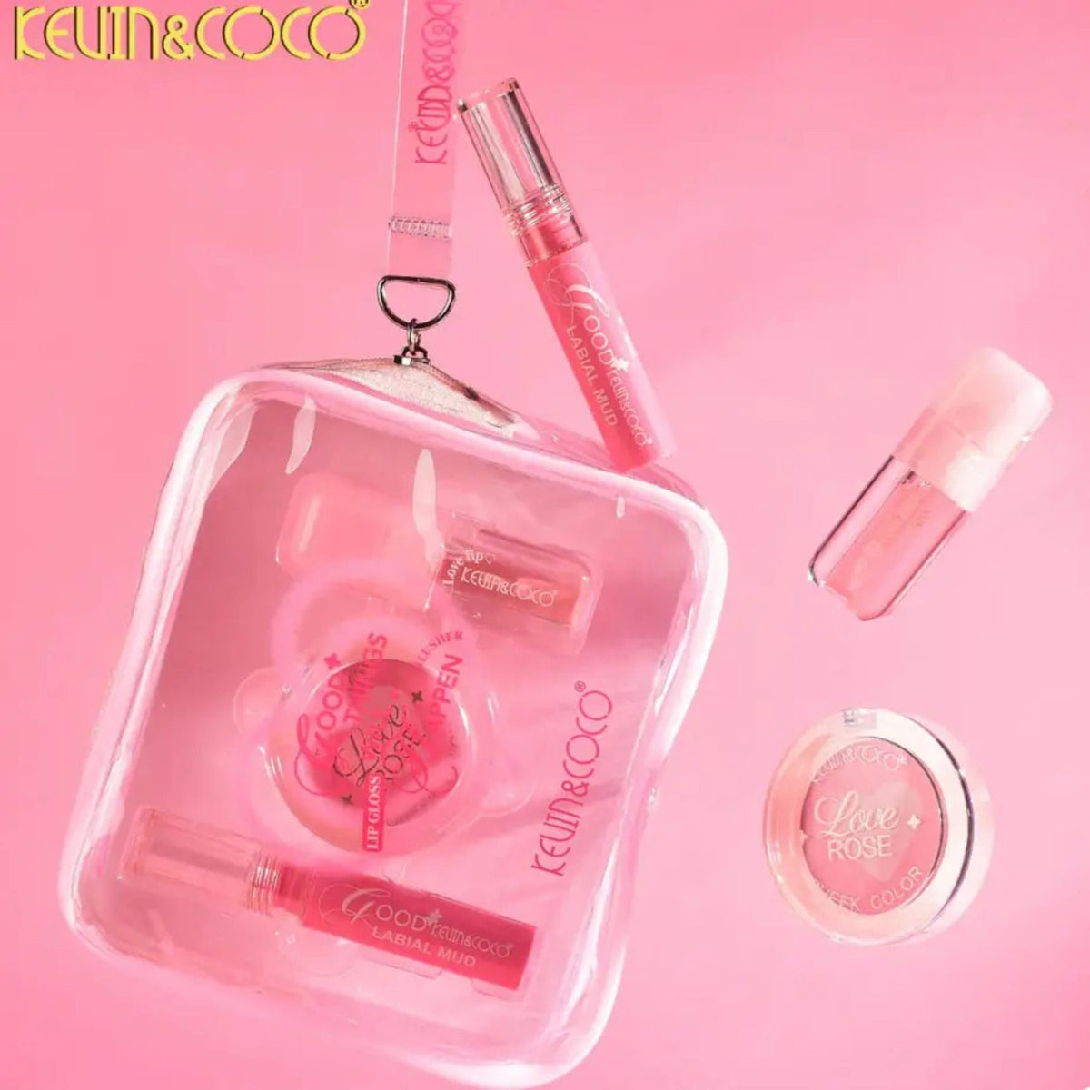 Kevin&Coco Set Machiaj Complet Good Things Will Happen, Kit Portabil cu Blush Lichid, Pudra Fard de Obraz Inima si Luciu de Buze, Portfard Transparent Inclus, 3 Piese, Roz