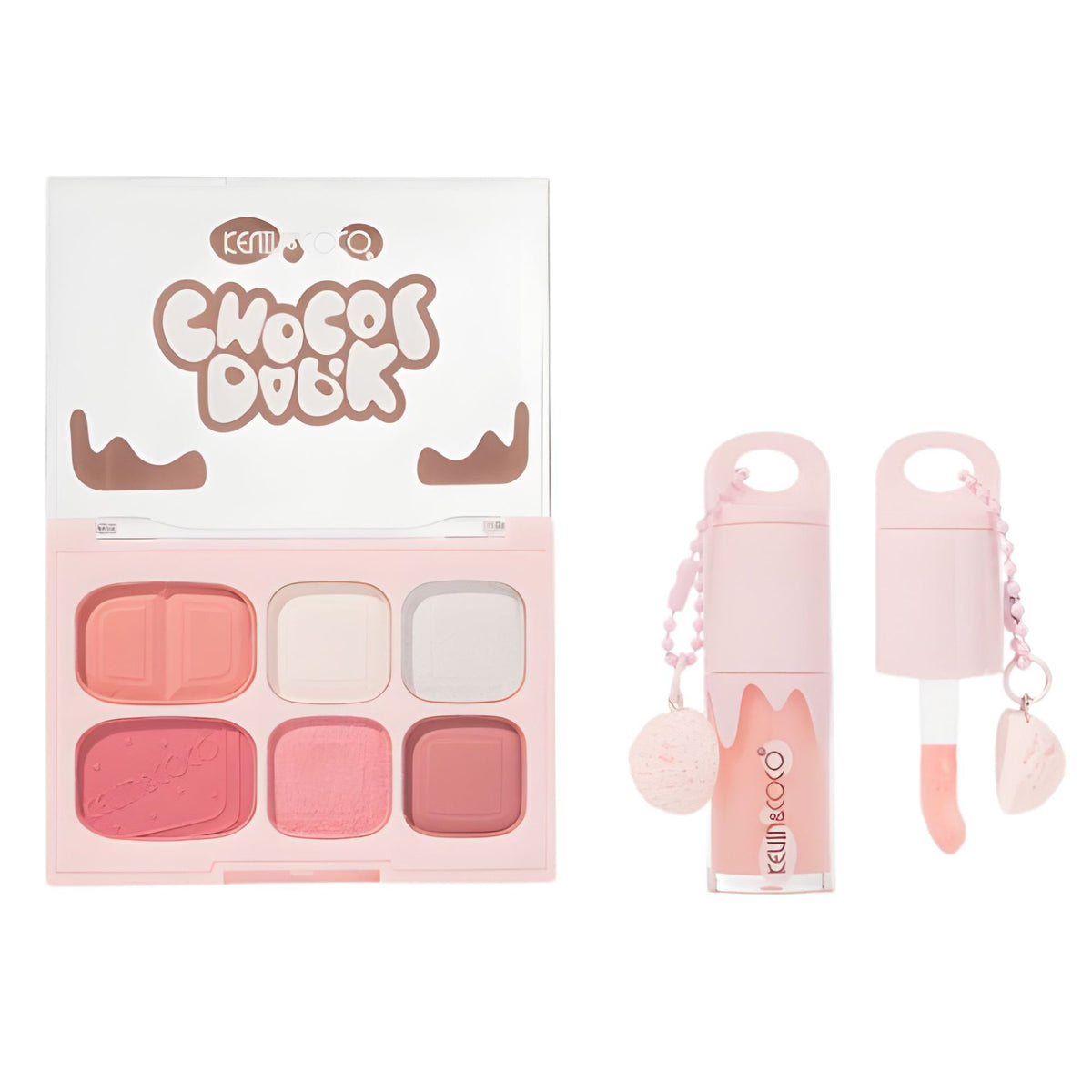 Kevin&Coco Set Machiaj, Paleta Farduri de Ochi si Lip Gloss, Finisaj Mat si Shimmer, Textura Pudra si Lichida, 6 Nuante, 10.4 g, Roz