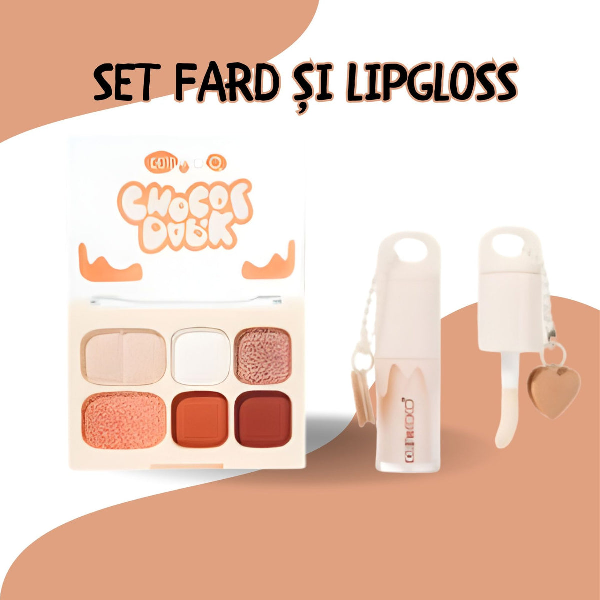 Set Machiaj Kevin&Coco, Paleta Farduri de Ochi si Gloss de Buze, 6 Nuante Mate si Shimmer, Pigmentare Intensa, Portocaliu, 10.4 g