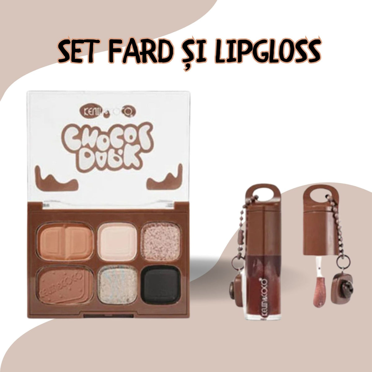 Kevin&Coco Set Machiaj cu Paleta Farduri de Ochi si Lip Gloss, 6 Nuante Pigmentate, Finisaj Mat si Shimmer, Oglinda Inclusa, Maro, 10.4 g