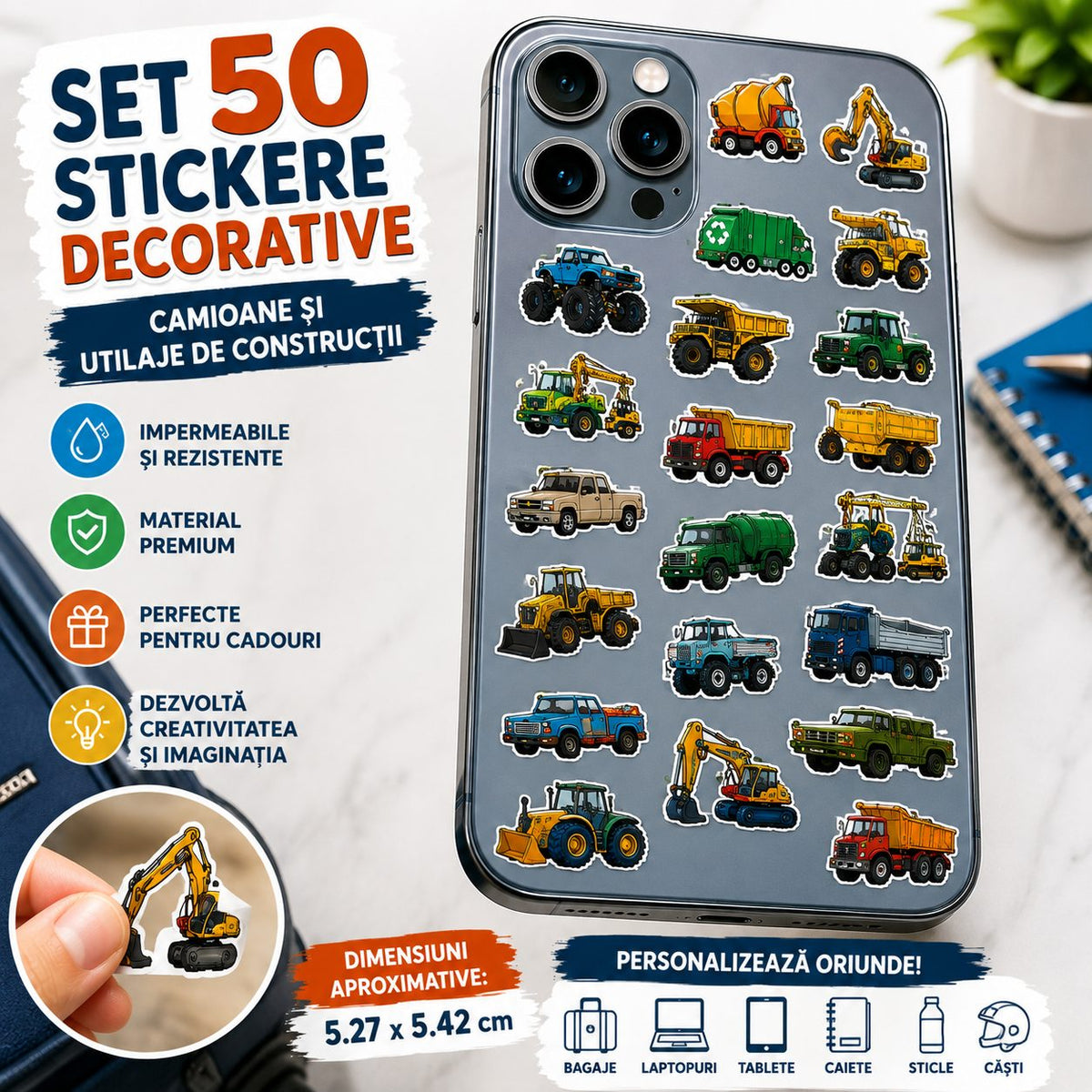 Stickere Decorative Camioane Si Utilaje De Constructii, Impermeabile, Hartie Autoadeziva, 50 Bucati, Multicolor, 5.27 x 5.42 cm
