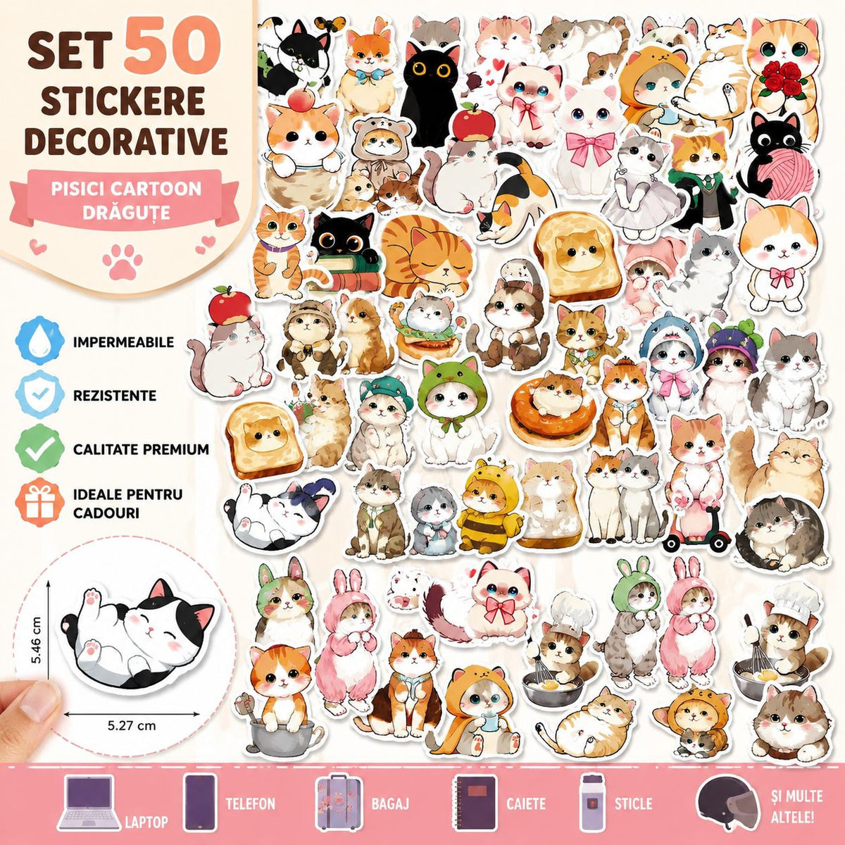 Stickere Decorative Pisici Kawaii, Impermeabile, Hartie Autoadeziva, Multicolor, Set 50 Bucati, 5.27 x 5.46 cm