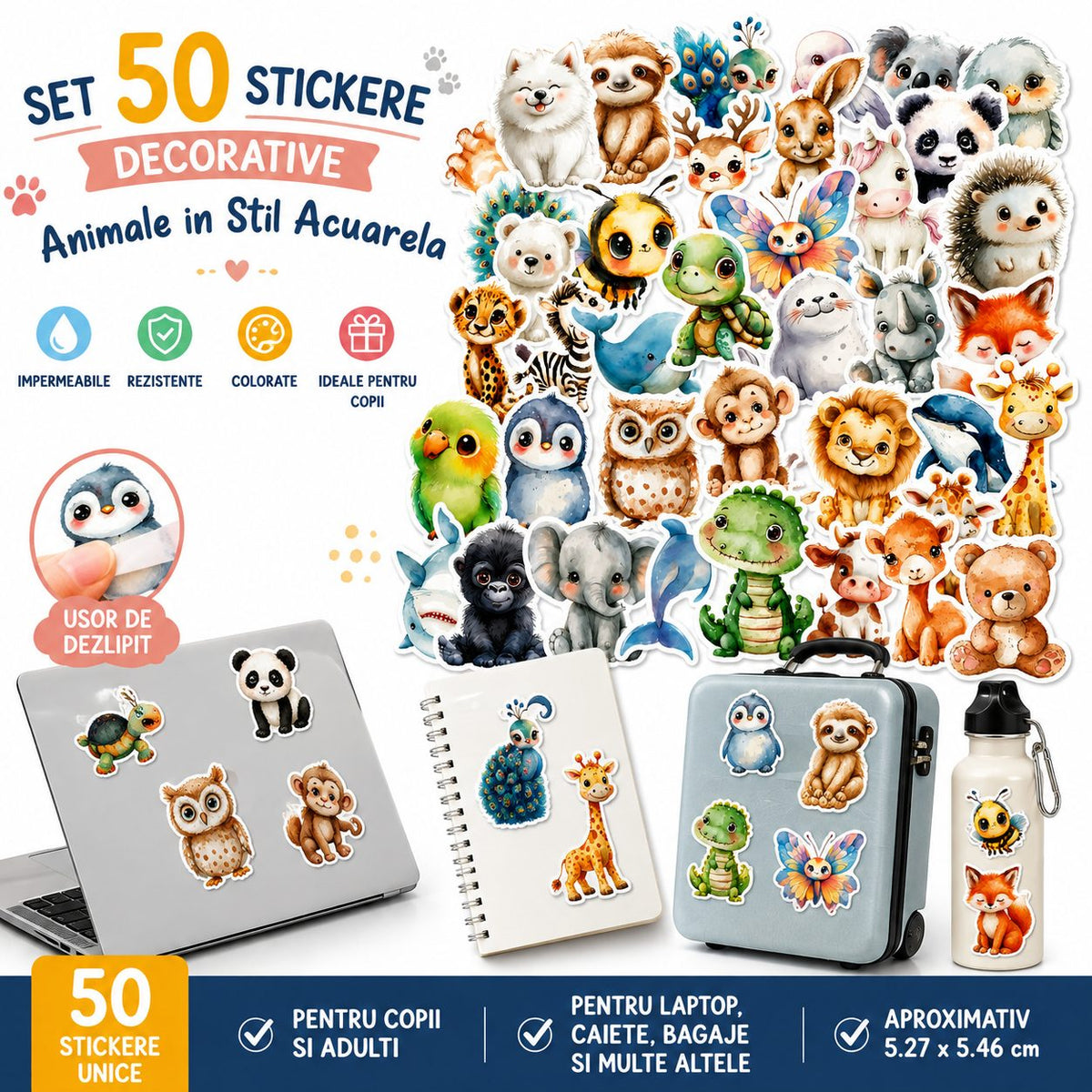 Stickere Decorative Animale, Stil Acuarela Kawaii, Hartie Autoadeziva, Multicolor, Set 50 Bucati, 5.27 x 5.46 cm