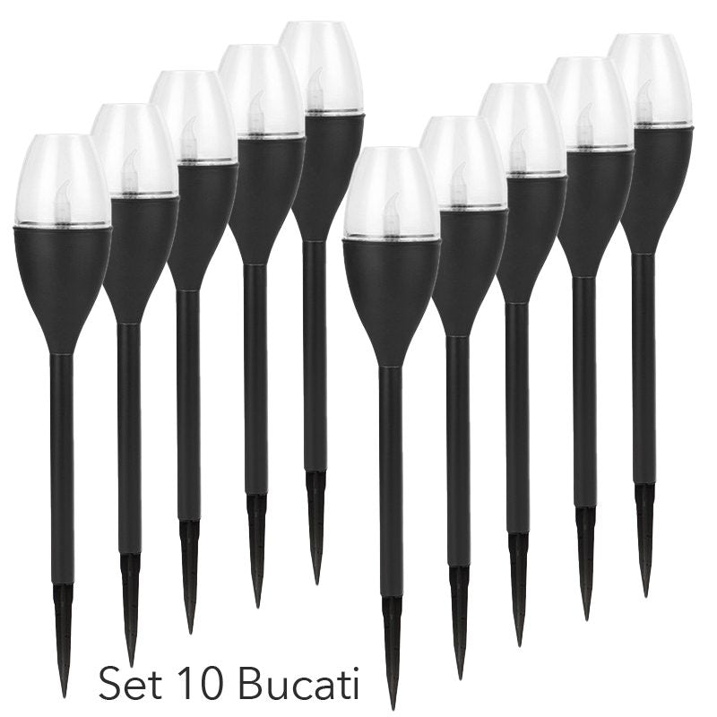 Lampa Solara LED pentru Gradina, Efect Flacara Multicolor, Design Pahar de Vin, Protectie IP65, PVC si ABS, Inaltime 37.5 cm, Negru, Set 10 Bucati