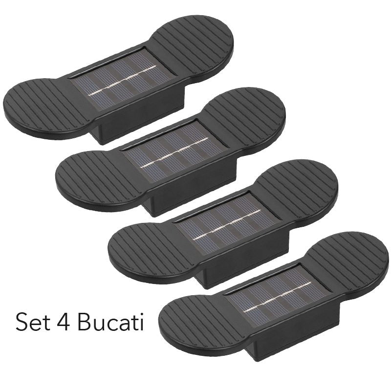 Aplica Solara LED de Perete si Scari, Senzor Lumina, Rezistenta la Apa IP65, ABS si Policarbonat, 16 x 5.9 x 3.3 cm, Lumina Alb Calda, Negru, Set 4 Bucati
