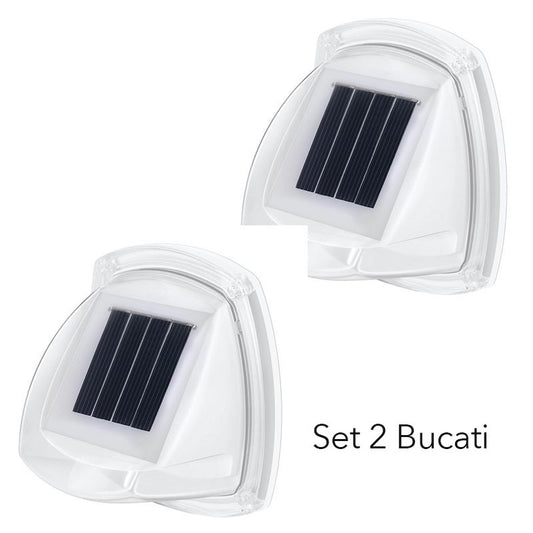 Lampa Solara LED pentru Gradina, Aplica de Perete cu Senzor de Lumina, Rezistenta la Apa IP65, ABS, 8.5 x 9 cm, 8 LED-uri Lumina Calda, Alb, Set 2 Bucati