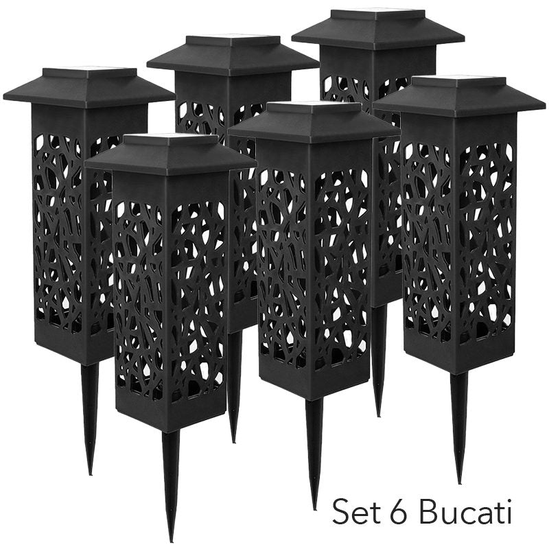 Set 6 Lampi Solare LED Tip Felinar, Iluminat Gradina si Exterior, Autonomie 6 Ore, Plastic Rezistent, Inaltime 30.2 cm, Lumina Calda, Negru