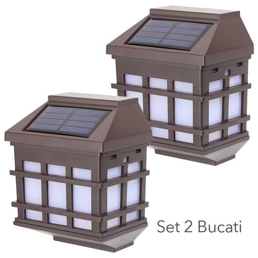 Lampa Solara LED Tip Felinar Pentru Perete, Senzor De Lumina, Exterior Si Gradina, ABS, Set 2 Bucati, 11.5 x 8.3 cm, 400mAh, Lumina Alb Rece, Maro