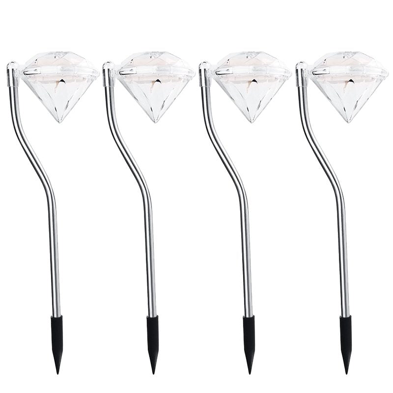 Lampa Solara LED pentru Gradina, Model Tip Diamant, Senzor Crepuscular, Inox si ABS, Inaltime 30 cm, Lumina Alb Rece, Argintiu, Set 4 Bucati