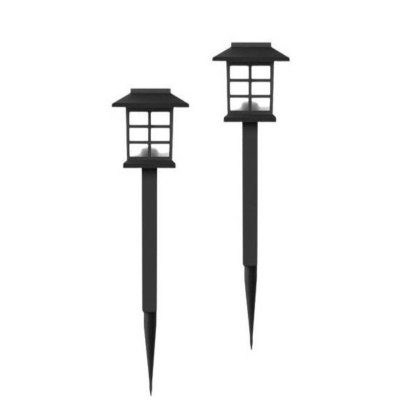 Lampa Solara Gradina Tip Felinar, Set 2 Bucati, LED Lumina Albastra, Senzor Amurg, Autonomie 8 Ore, Plastic, 38 x 8.6 x 8.6 cm, Negru