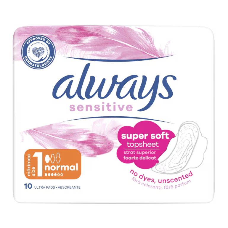 Always Absorbante Ultra Normal Plus Sensitive, Strat Superior Moale, Protectie Sigura, 10 Bucati