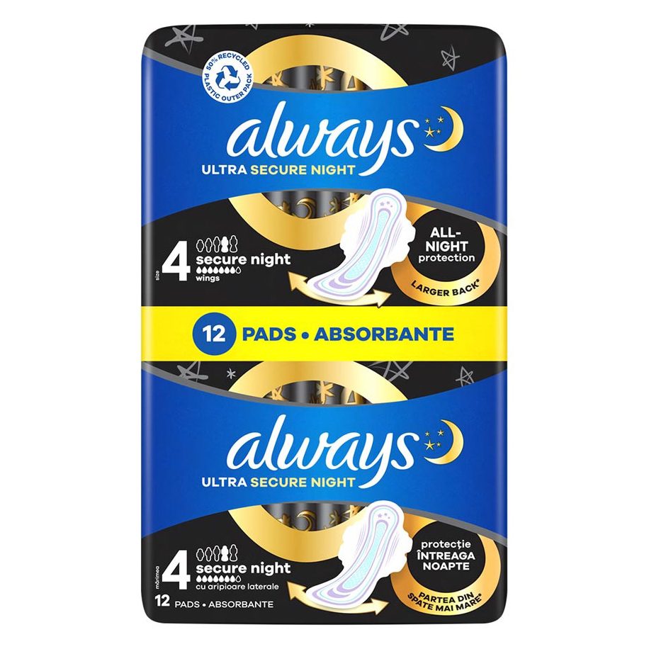 Always Ultra Secure Night Absorbante Igienice Cu Aripi, Protectie Noapte, Marimea 4, 12 Bucati