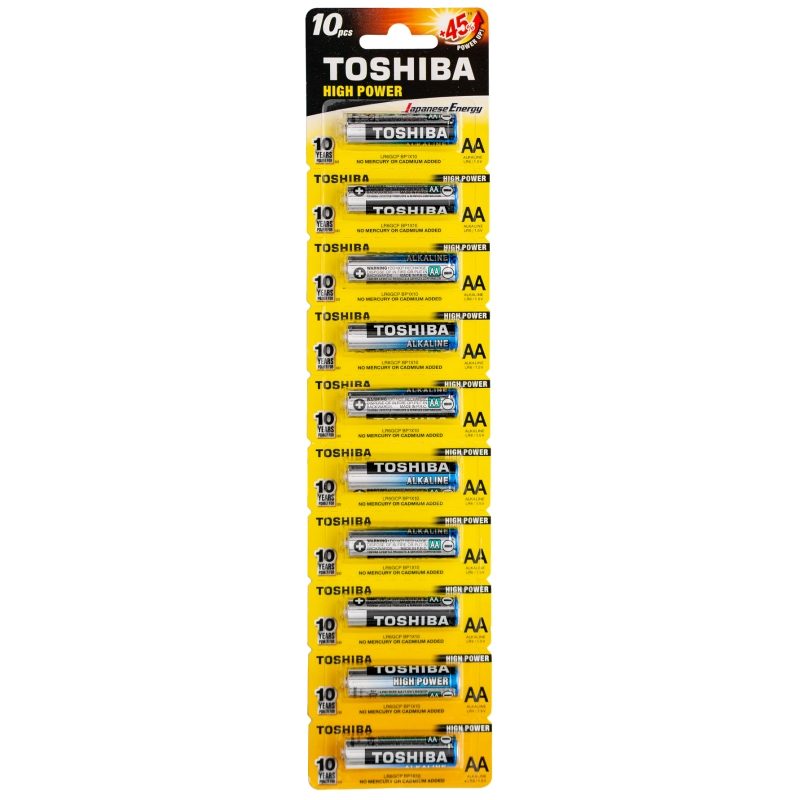 Toshiba Baterii AA R6 Alkaline High Power, Set 10 Bucati, Baterii Alcaline 1.5V, Performanta Ridicata, Ambalaj Tip Folie, Multicolor