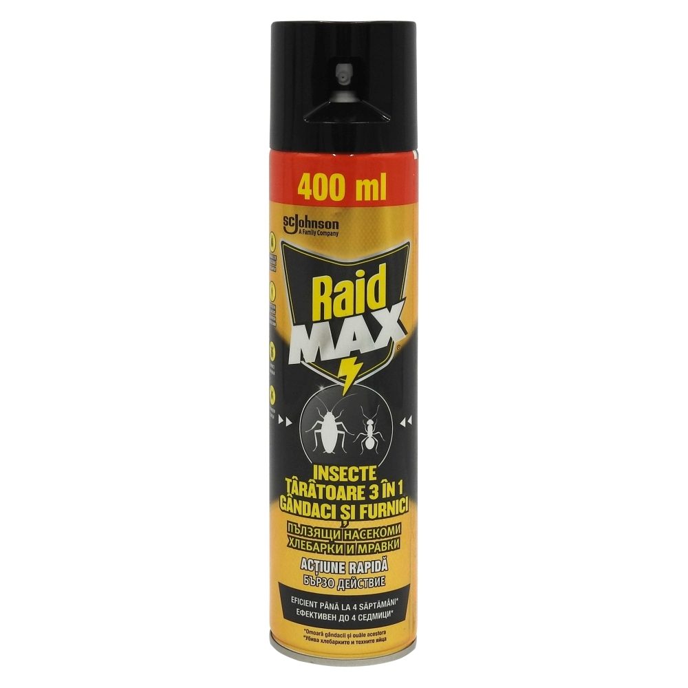 Spray Insecticid Raid Max, Actiune 3in1 impotriva Gandacilor si Ouălor, Efect Rezidual, 400 ml