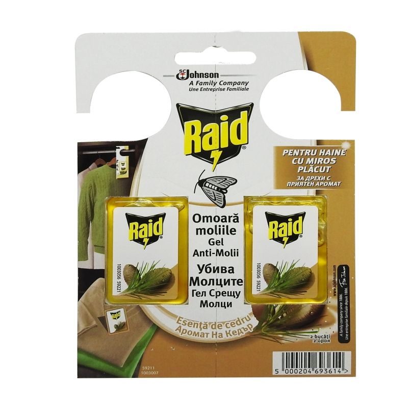Raid Gel Antimolii, Odorizant Protecție Haine, Parfum Lemn de Cedru, Eficiență 3 Luni, 2 Bucăți