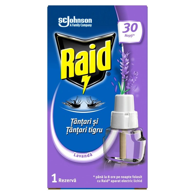 Rezerva Lichida Raid Pentru Aparat Electric Impotriva Tantarilor, Protectie 45 Nopti, Parfum de Lavanda, 21 ml