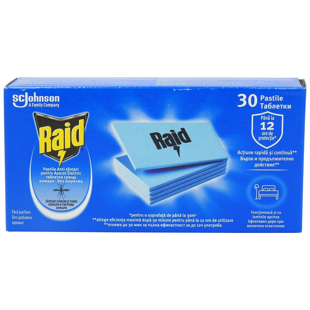 Raid Rezerve Pastile Anti-Țânțari, Compatibile cu Aparat Electric, Protecție 8 Ore, 30 Bucăți