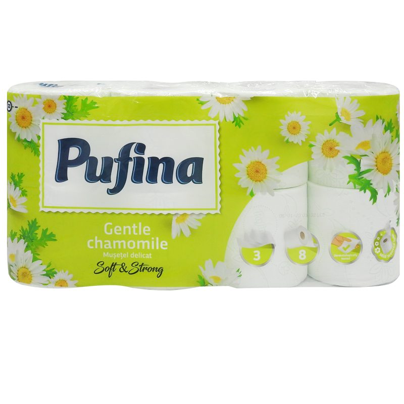 Pufina Hartie Igienica cu Parfum de Musetel, 3 Straturi, Textura Catifelata, Celuloza 100%, 8 Role
